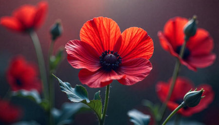 Elegant red poppy flowers in a field, close-up shot