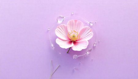 Pink flower with water droplets on purple background designの写真素材