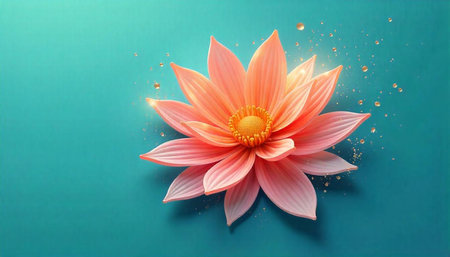 Elegant lotus flower with shimmering dew on teal background