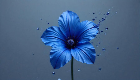 Vibrant blue flower with water droplets on gray background