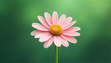 Pink daisy flower portrait on green background, isolated studio