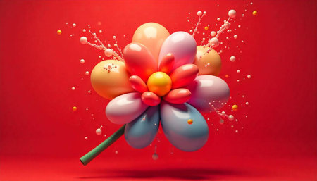 Colorful abstract balloon flower against bold red background