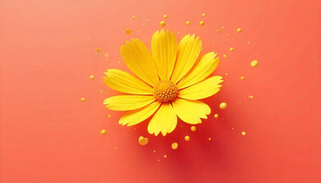Vibrant yellow flower with droplets on a coral background