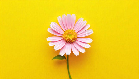 Pink daisy flower against solid yellow background studio shot