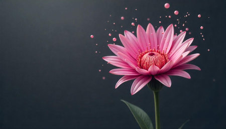 Elegant pink flower with floating spheres against dark background