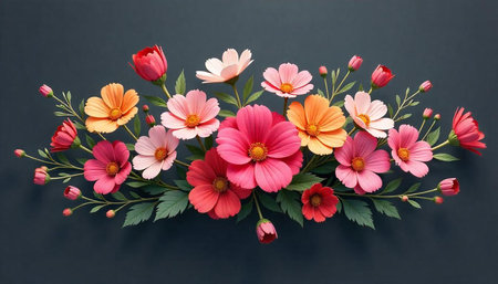 Arrangement of vibrant colorful cosmos flowers on dark backgroundの写真素材