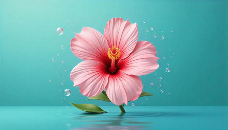Pink hibiscus flower with water droplets on turquoise background