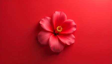 Vibrant red hibiscus flower on a matching red backdrop