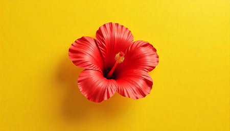 Vibrant red hibiscus flower against a bright yellow backdropの写真素材