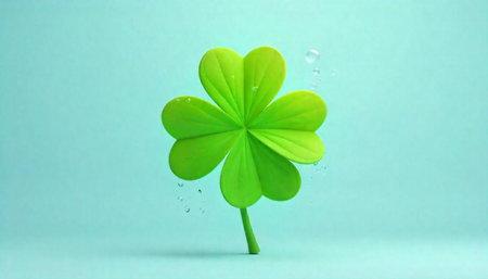 Green four leaf clover with dew drops on blue backdrop
