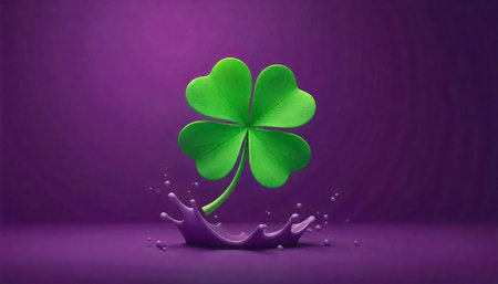 Bright green four leaf clover in purple liquid splash