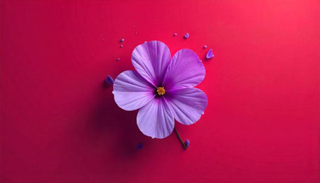 Minimalist purple flower on red background, single blossom concept