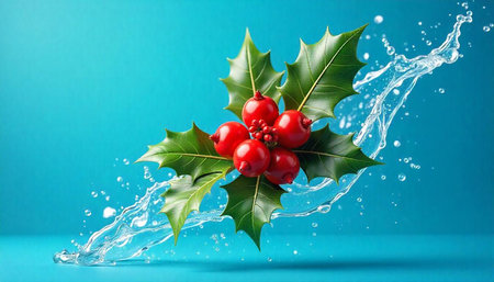 Holly berries and leaves with splash on blue backgroundの写真素材