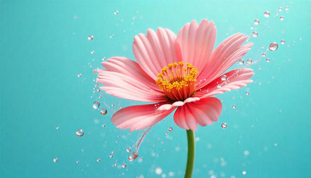 Pink cosmos flower with water droplets on turquoise backgroundの写真素材