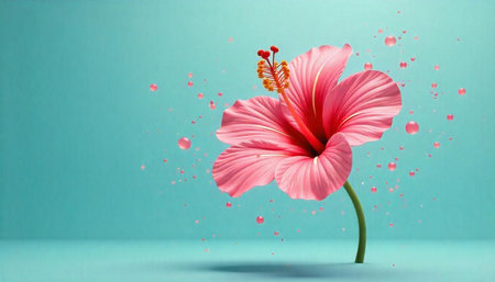 Pink hibiscus flower on aqua background with floating droplets