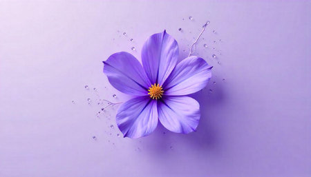 Elegant purple flower with water droplets on light purple background