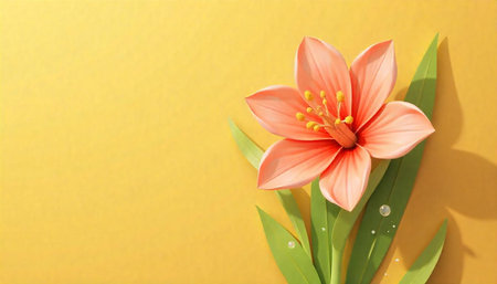 Elegant peach flower with green leaves on yellow background