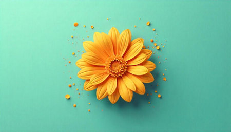 Minimalist yellow flower on turquoise background with confetti