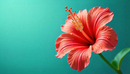 Vibrant hibiscus flower with water droplets against solid backgroundの写真素材