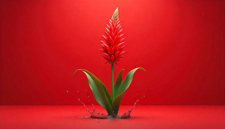 Vibrant red flower with water droplets on studio background