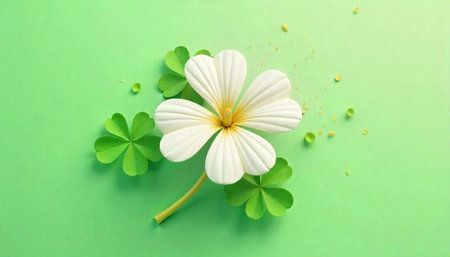 Lucky clovers and white flower on green background