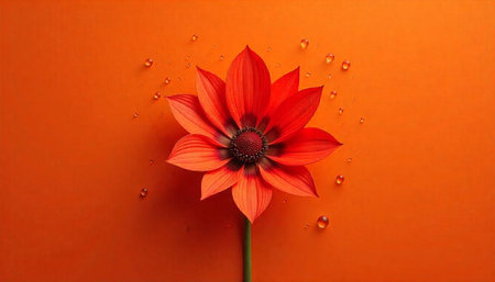 Single Red Flower with Water Droplets on Orange Background