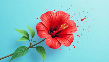 Red Hibiscus Flower with Branch on Blue Backgroundの写真素材