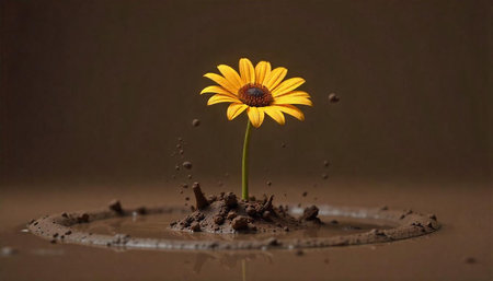 Single yellow flower emerging from muddy water, brown backgroundの写真素材