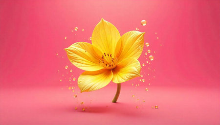 Elegant yellow flower on pink background with water droplets