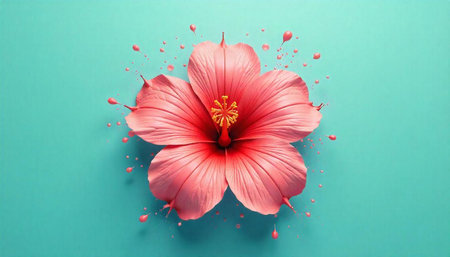 Vibrant hibiscus flower with paint droplets on teal background