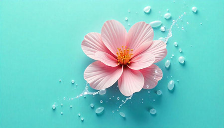 Pink flower blossom with water droplets on turquoise background