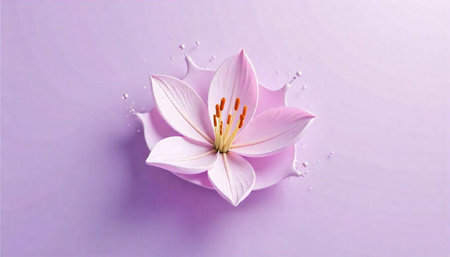 Pale pink lily blossom with liquid splash on purple backdrop