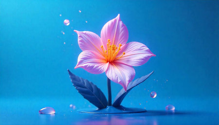 Single pink flower on blue background with water droplets
