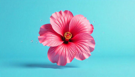 Vibrant hibiscus flower in full bloom against blue backdrop