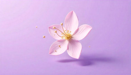 Floating flower with soft petals on light purple backgroundの写真素材