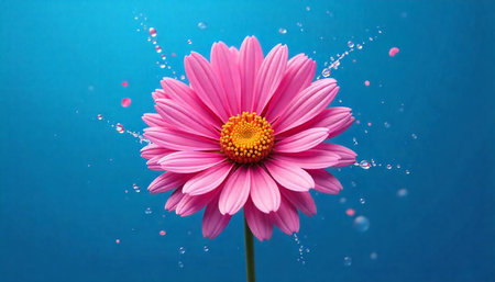 Elegant pink daisy with water droplets against blue background