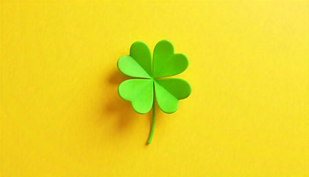 Bright Four Leaf Clover on a Yellow Backgroundの写真素材