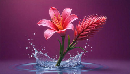 Pink lily and feather with water splash on purple background