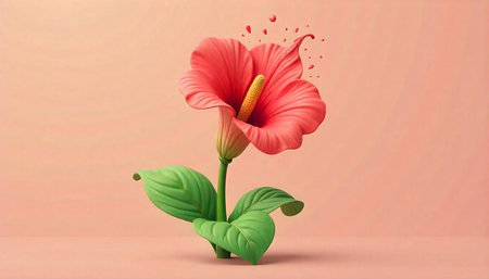 Stylized coral hibiscus blossom with green leaves against pink