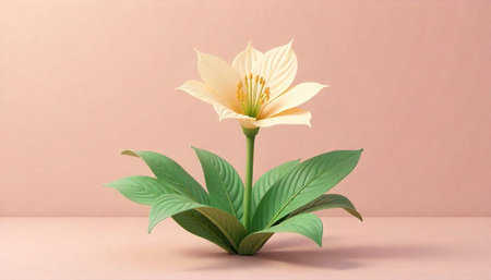 Stylized flower blossom with green leaves on pink backdrop