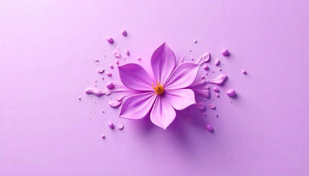 Minimalist lavender flower with droplets on monochromatic background