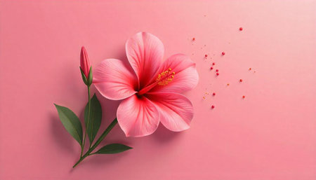 Pink hibiscus bloom and bud on a pink background