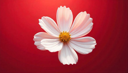 Elegant white cosmos flower against a vibrant red background