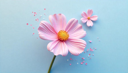 Delicate pink cosmos flower arrangement on pale blue background