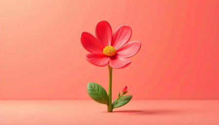 Vibrant red flower with a golden center on peach