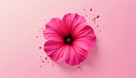 Vibrant pink flower with abstract drops on pink background