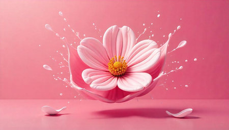 Pink flower with splash on pink background studio shot
