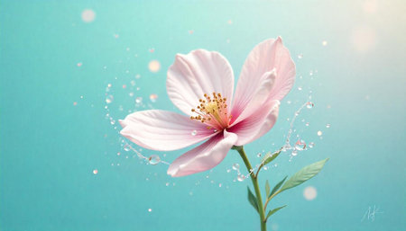 Delicate pink flower with water droplets on turquoise backdrop