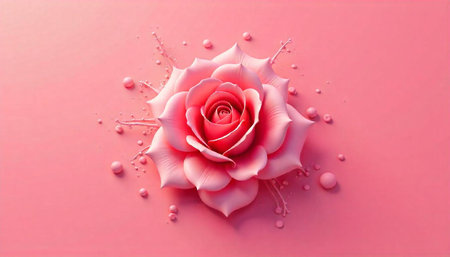 Pink rose blossom with water droplets against a pink background