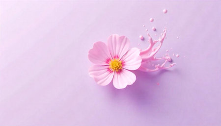 Pink flower with splash on pastel purple background art